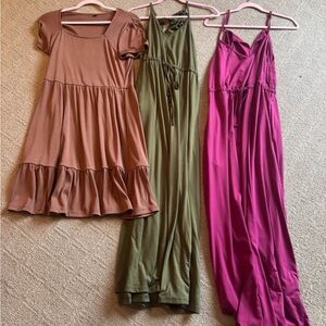 Trio of Dresses in Brown, Green, and Pink